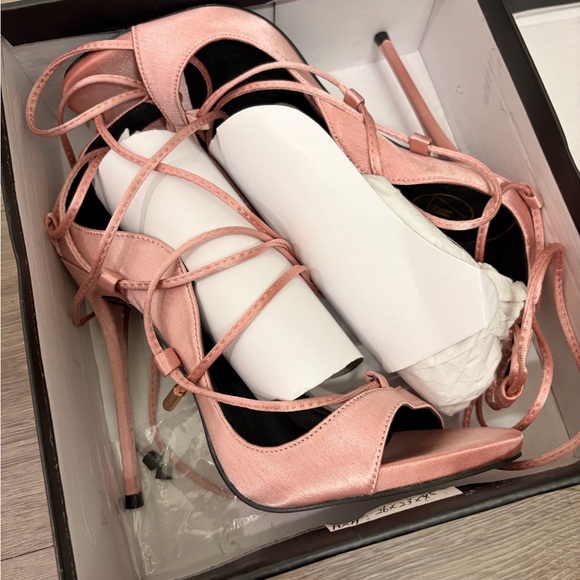 NWT Pink Satin Stiletto Heel Lace Up Sandals - Picture 3 of 13